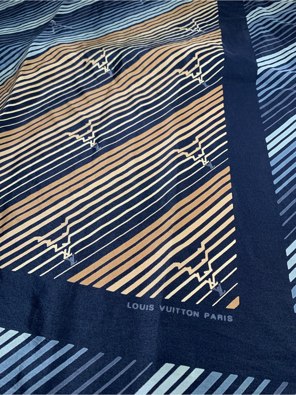 Louis Vuitton Navy Blue & Tan Striped Logo Silk Scarf
